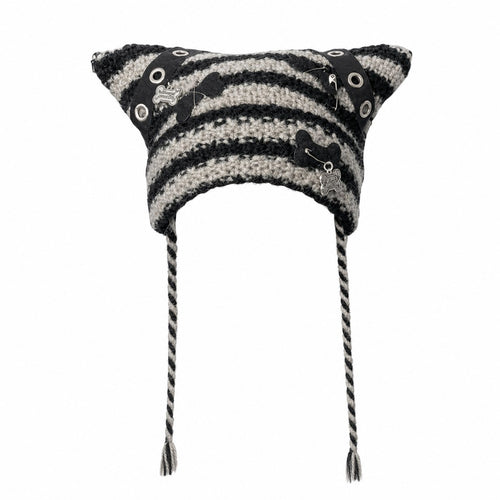 Cat Ear Ear-Flap Beanie with Pompoms - AltBrat