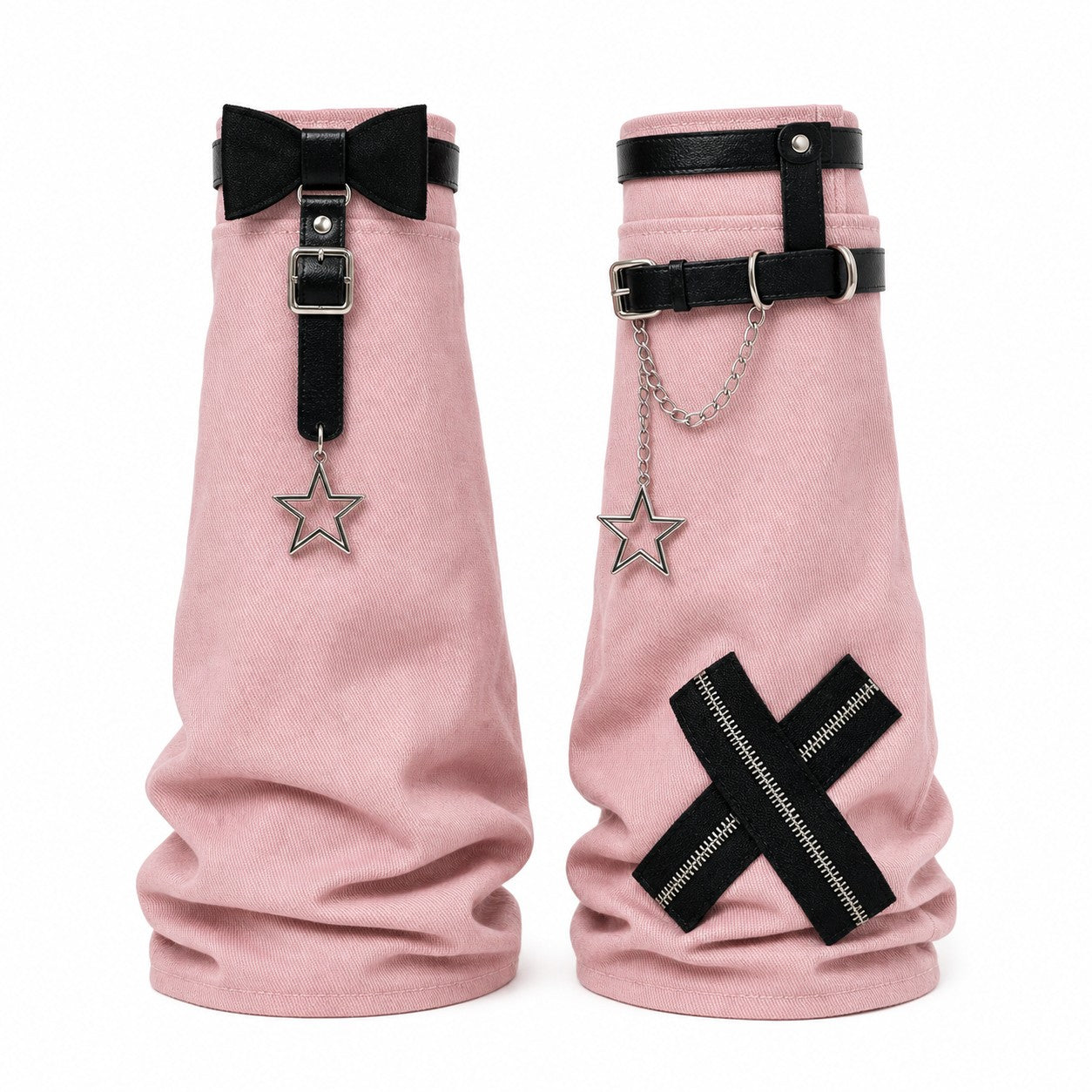 2025-harajuku-y2k-black-white-pink-grey-bow-leather-buckle-leg-warmers-socks-gothic-punk-cross-star-chain-solid-chic-leg-cover Pink