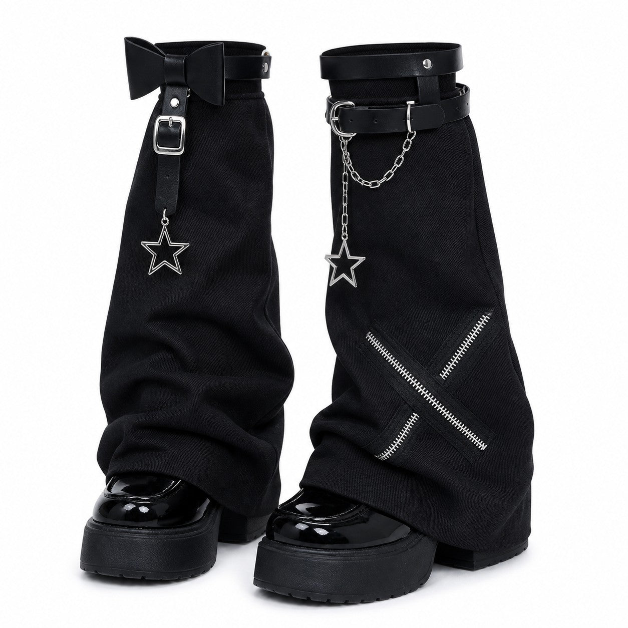 2025-harajuku-y2k-black-white-pink-grey-bow-leather-buckle-leg-warmers-socks-gothic-punk-cross-star-chain-solid-chic-leg-cover black
