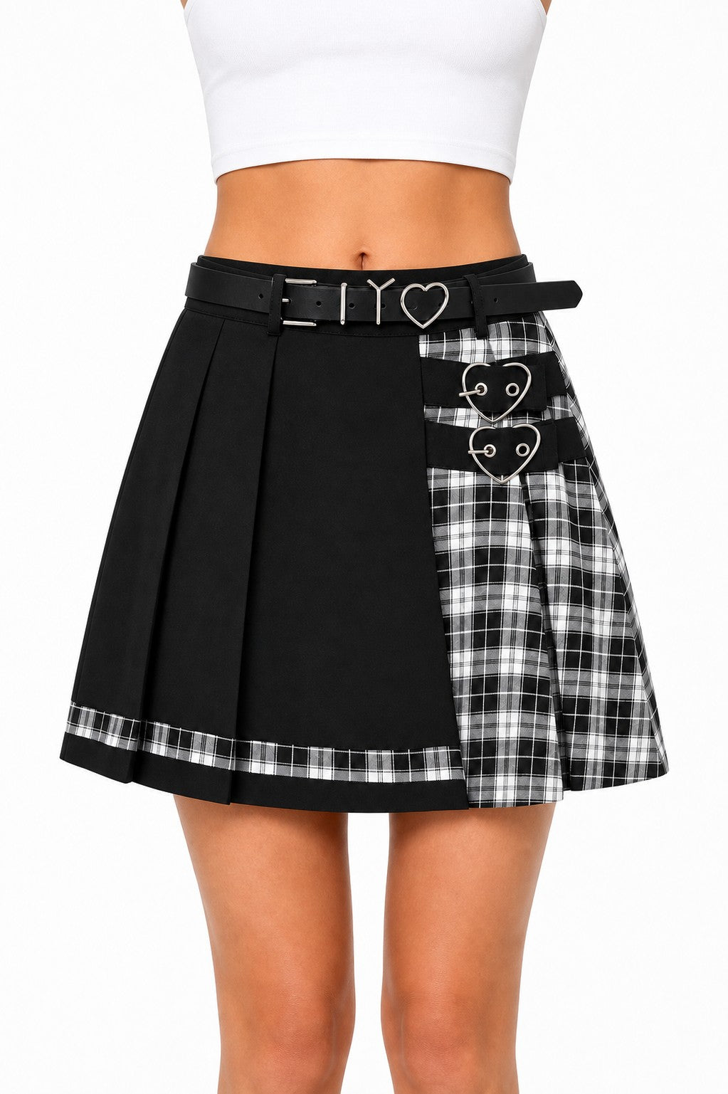 Black Plaid Pleated Skirt with Heart Belt - AltBrat