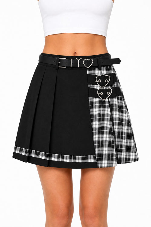 Black Plaid Pleated Skirt with Heart Belt - AltBrat