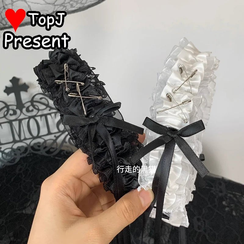 Harajuku Y2K Spicy Girl Lace Bow Headband Lolita Hair Accessory Niche Japanese Dark Gothic JK Subculture Headwear Hairho - AltBrat