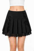 Corset Lace-Up Pleated Skirt with Floral Lace Hem - AltBrat