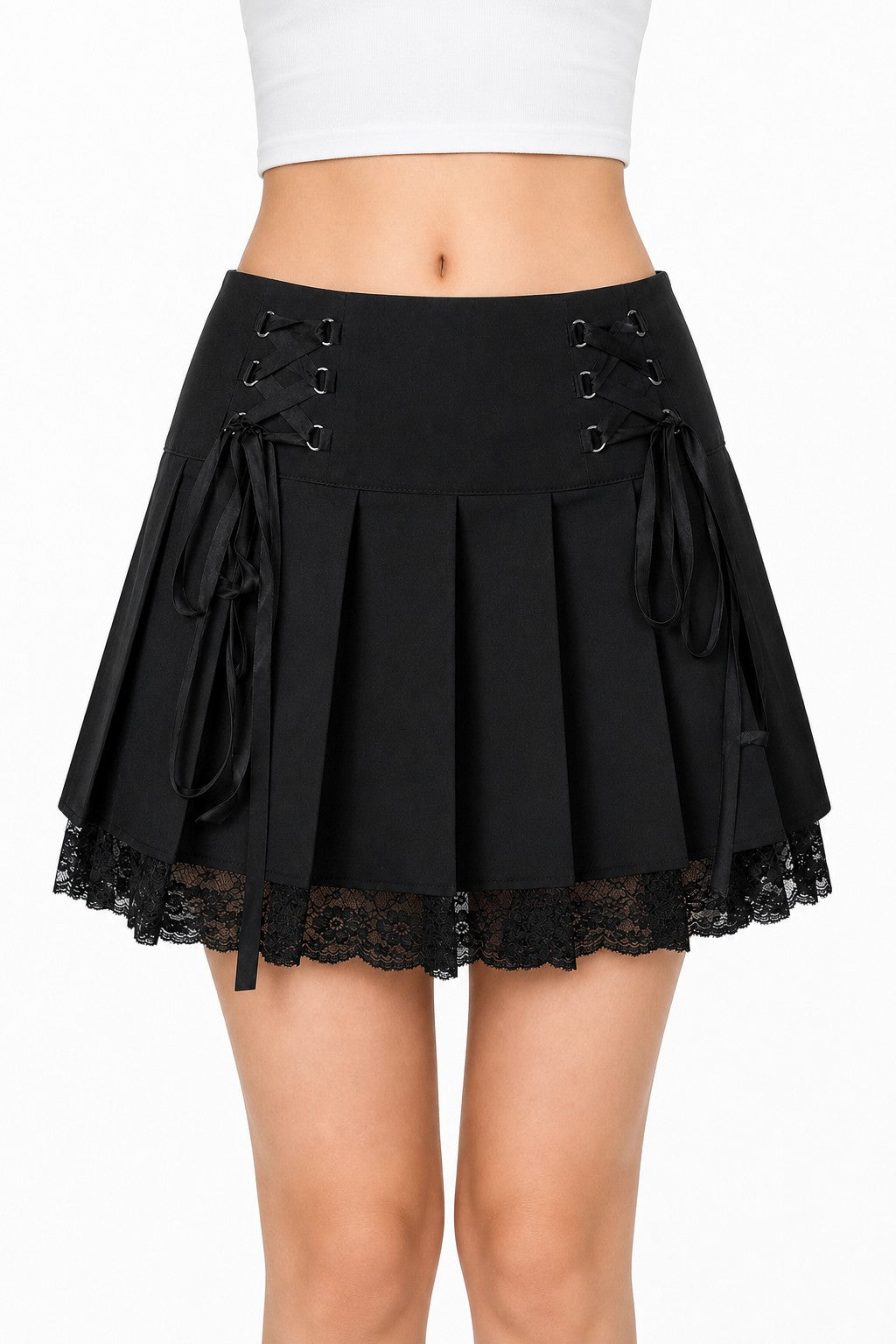 Corset Lace-Up Pleated Skirt with Floral Lace Hem - AltBrat