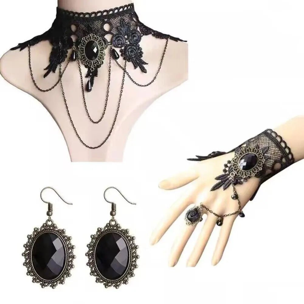4pcs/set Gothic Punk Dark Style Black Color Teardrop Pendant Lace Bracelet Ring Set Women's Personalized Holiday Jewelry - AltBrat