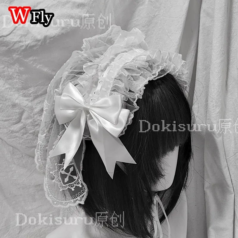 Veil style Women's Harajuku Steampunk Y2K Headwear Ruffled Floral Lace Bow Headband Lolita Gothic Headwear Hair Accessor - AltBrat