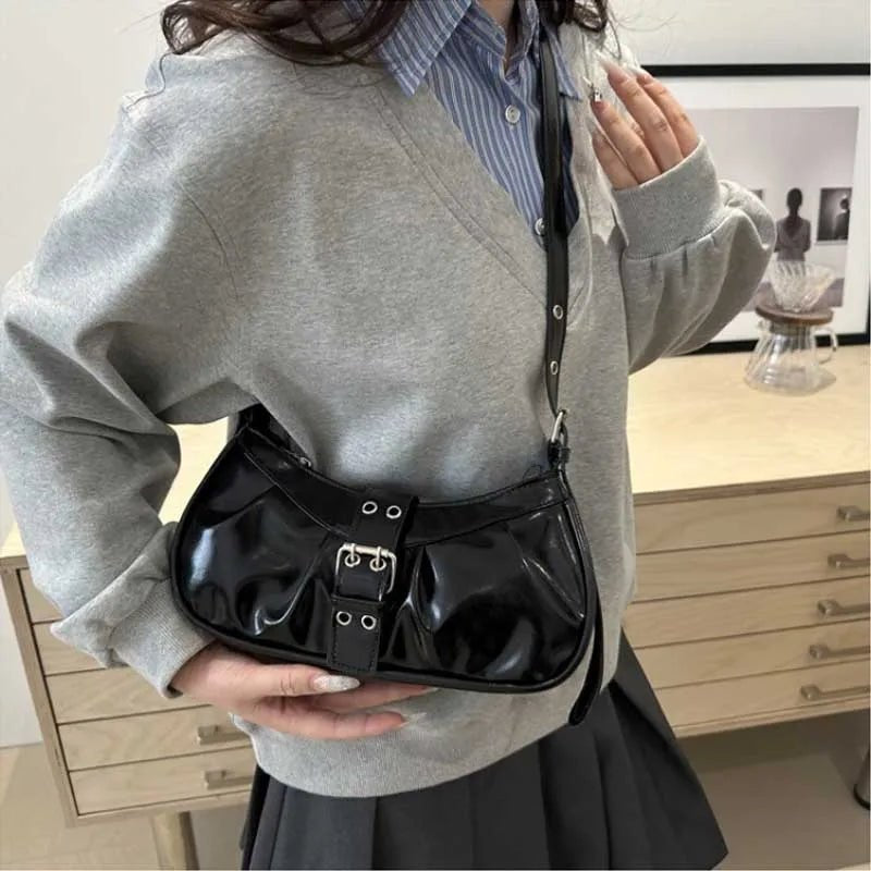 Retro Designer Buckle Armpit Bag Pu Leather Gothic Y2k Shoulder Bag Vintage Cross Body Spicy Girl Handbag Female Purses  - AltBrat