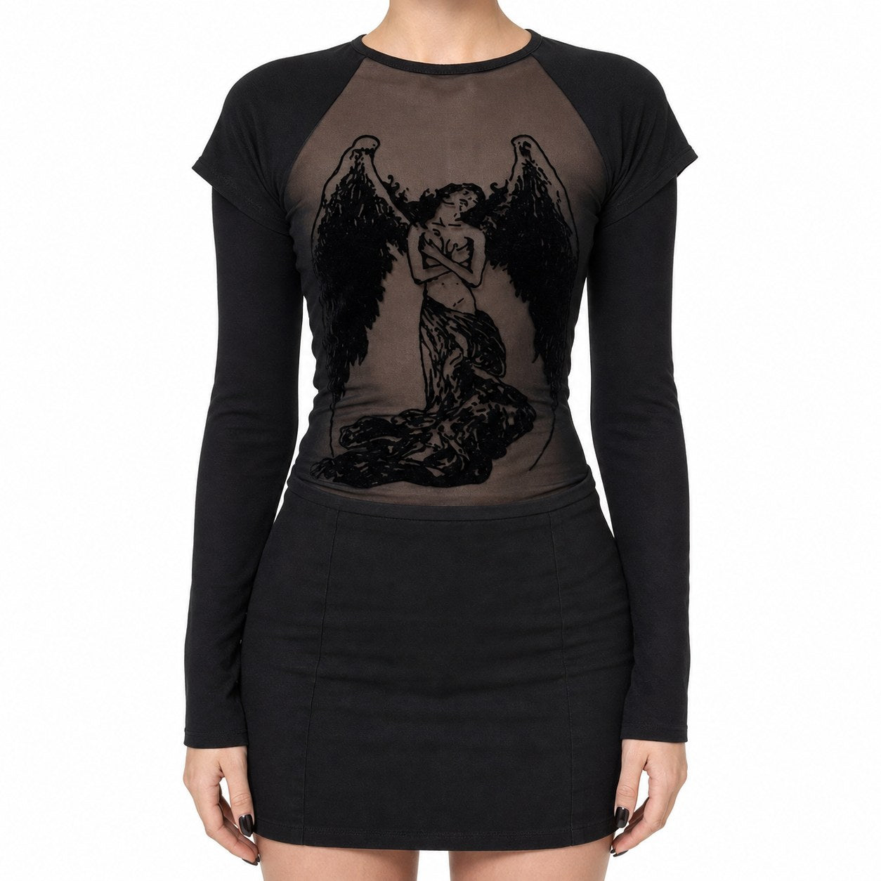 Fallen Angel Print Sheer Mesh Top - AltBrat