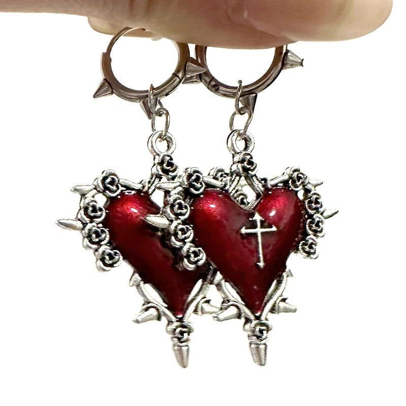 Goth Jewelry Thorns Heart Cross Earrings Red Drip Oil Rose Flower Earrings for Women Punk Charms Accessories Grunge Earr - AltBrat