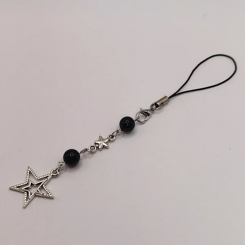Black Punk Y2K Phone Pendant Chain Cool Girl Sweet Pink Beaded Charm With Cross Butterfly Love Accessories For iPhone Ca - AltBrat
