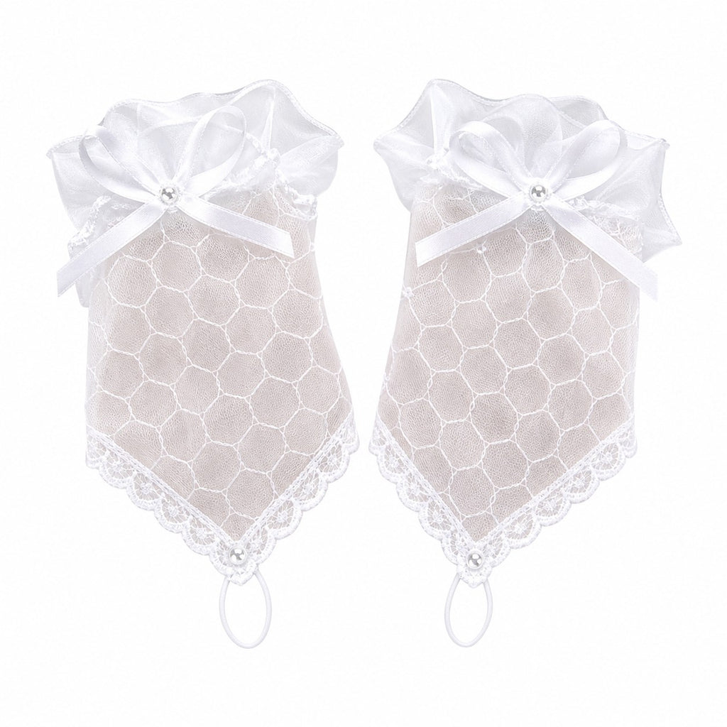 White Lace Fishnet Fingerless Gloves with Bow - AltBrat
