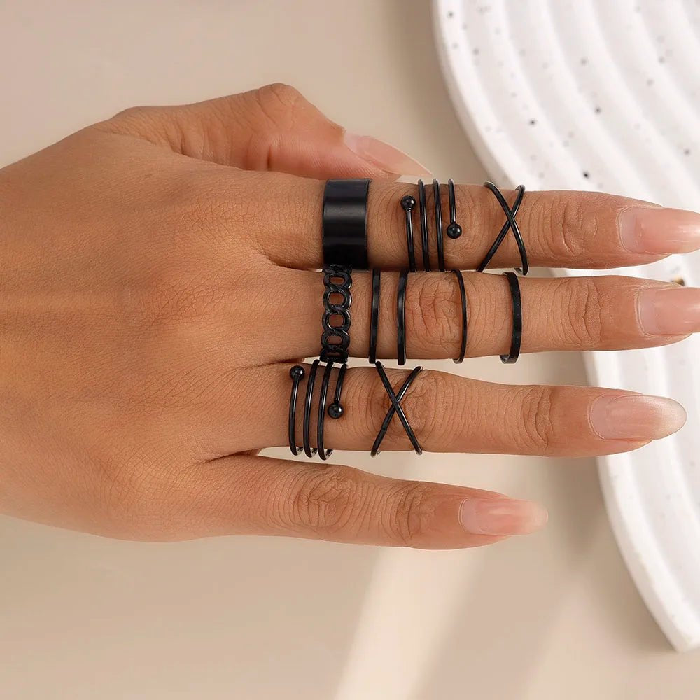 Aihua Punk Black Hollow Round Finger Rings for Women Men Vintage Gothic Geometric Cross Finger Ring Set Party Jewelry Gi - AltBrat