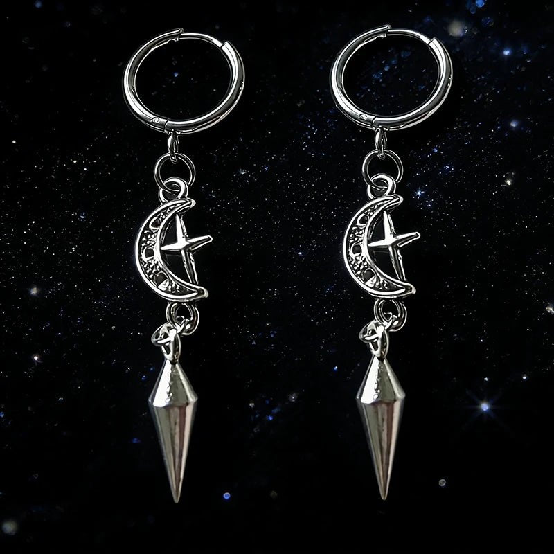 1 pair of punk rock stainless steel pointed star and moon earrings, suitable for women to wear Gothic jewelry accessorie - AltBrat