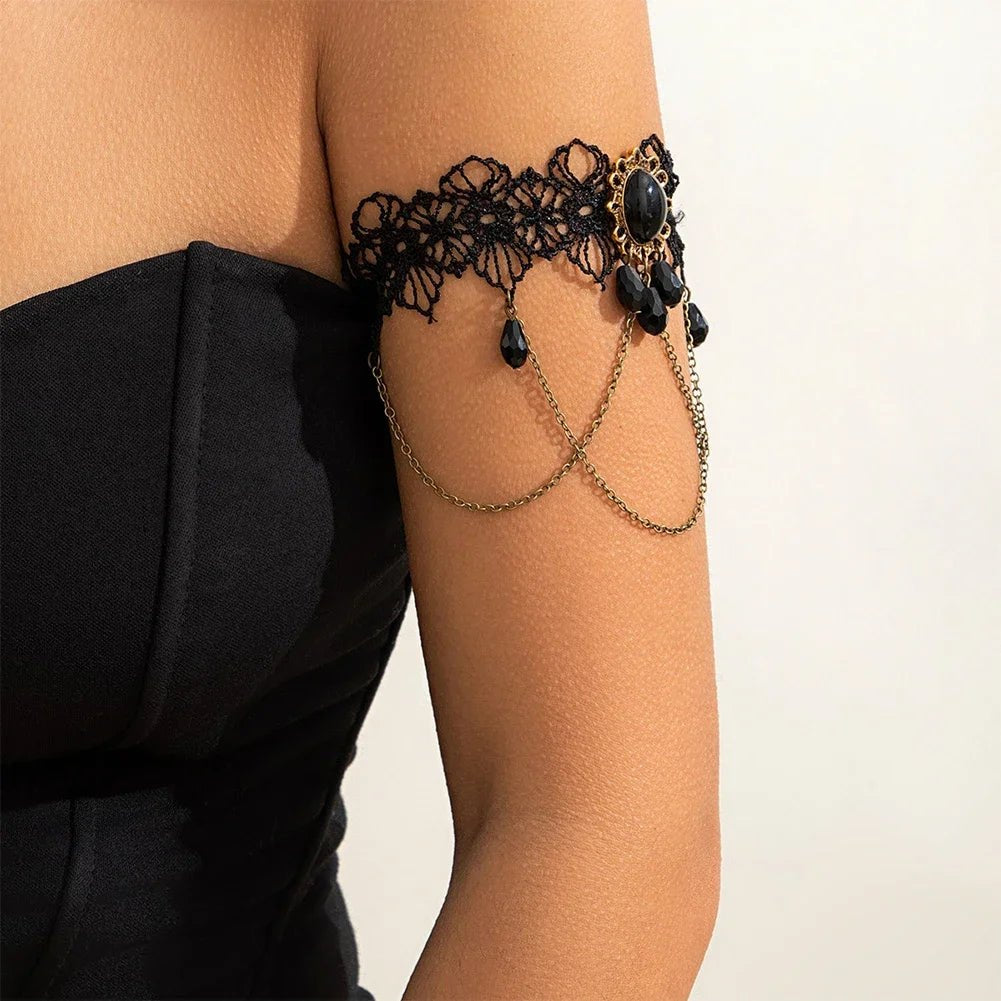 Black Lace Crystal Pendant Arm Bracelet For Women Gothic Tassel Cuff Bangle Fashion Jewelry Party Female Accessories Gif - AltBrat