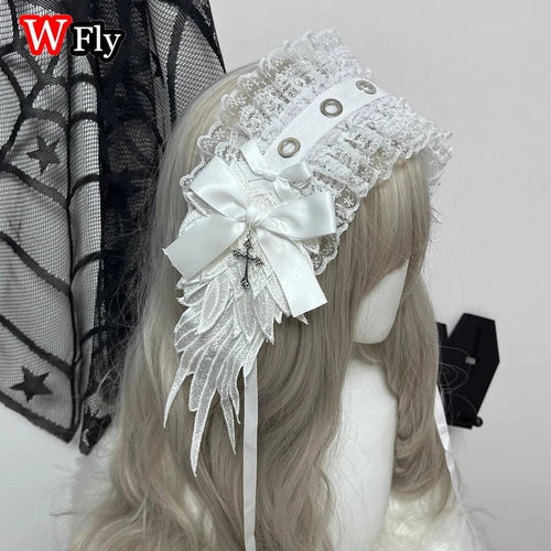 Women's Harajuku Steampunk Y2K Wing Headwear Bow Headband Lolita Gothic Dark Angel Headwear and Hair Accessories - AltBrat