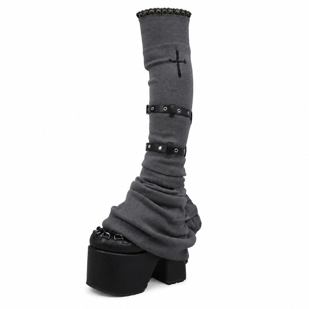 Lace Patchwork Flare Leg Warmers with Cross - AltBrat