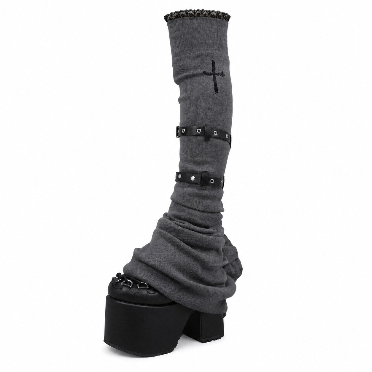 Lace Patchwork Flare Leg Warmers with Cross - AltBrat