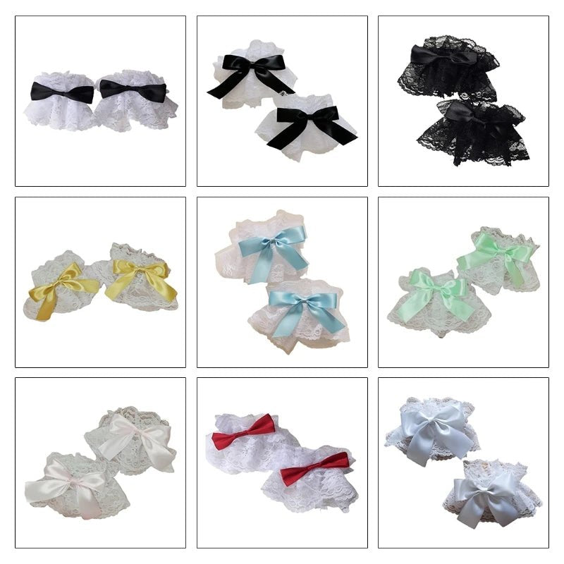 Dark Gothic Lolita Wrist Cuffs Sweet Satin Bow Ruffles Floral Lace Tulle Bracelet Wristband Japanese Anime Maid Cosplay  - AltBrat