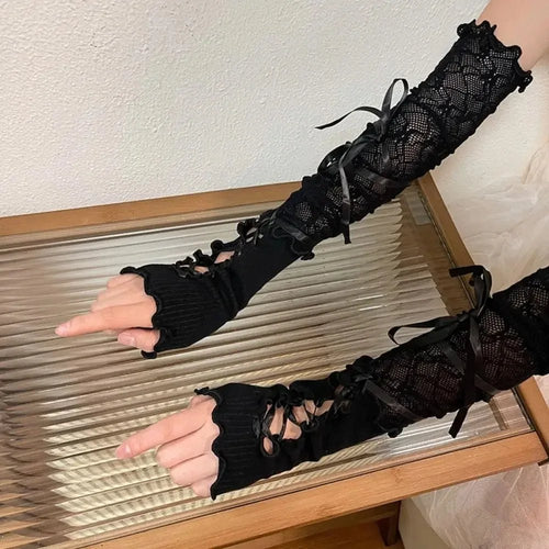 Women Lace Fingerless Gloves Black Gothic DIY Strapping Sunscreen Sleeve Clothing Accessories Elastic Mesh Punk Gloves - AltBrat
