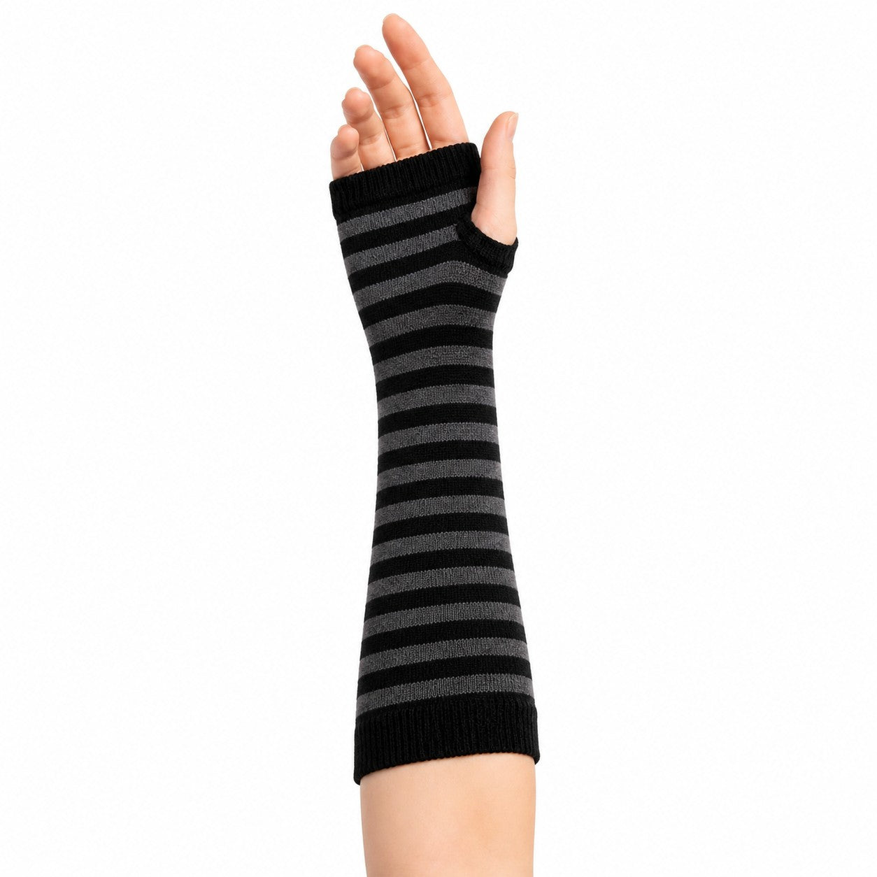 Striped Long Fingerless Arm Warmers (Multi-Colour) worn - AltBrat