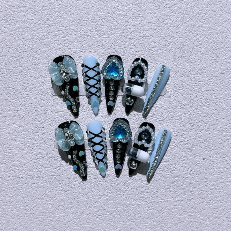 Long Stiletto Press on Fake Nails Blue Heart Diamond Bow Decoration False Nail Y2K Fashion Artificial Nail Handmade Acry - AltBrat