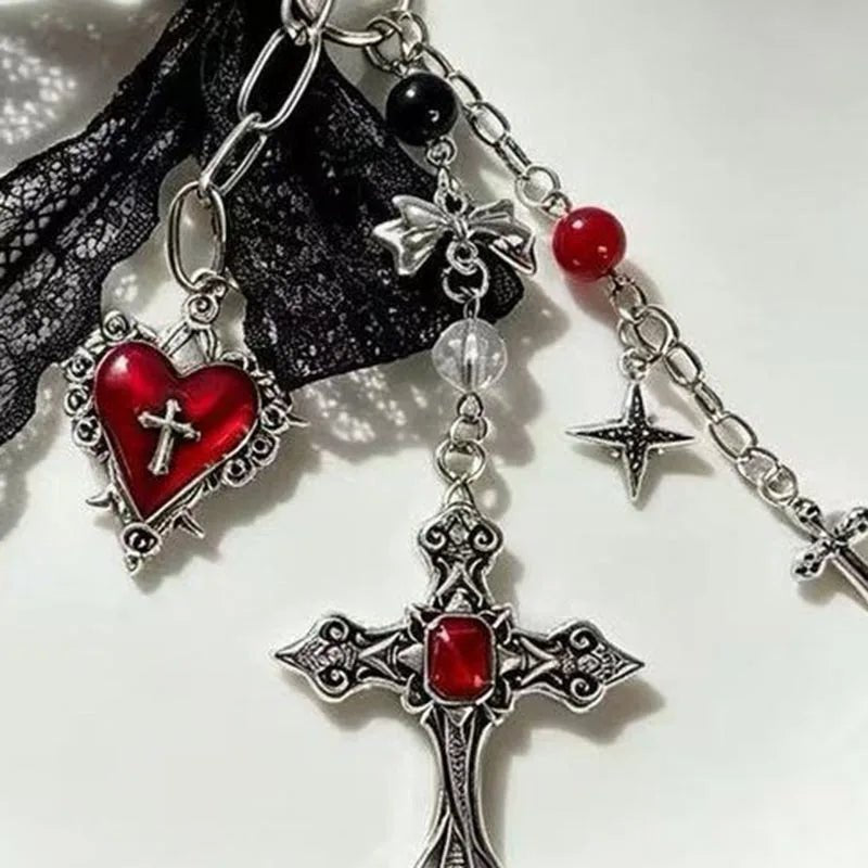 Gothic Black Lace Bow Cross Heart Tassels Star Key Chains Charms Y2K Red Crystal Pendant Keyring for Bags & Keys Accesso - AltBrat