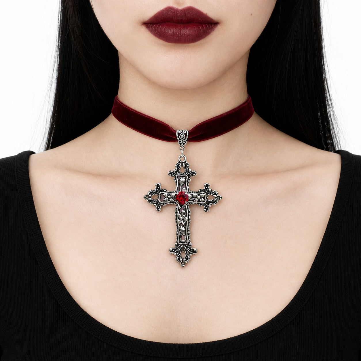 Velvet Choker with Ornate Gothic Cross Pendant - AltBrat
