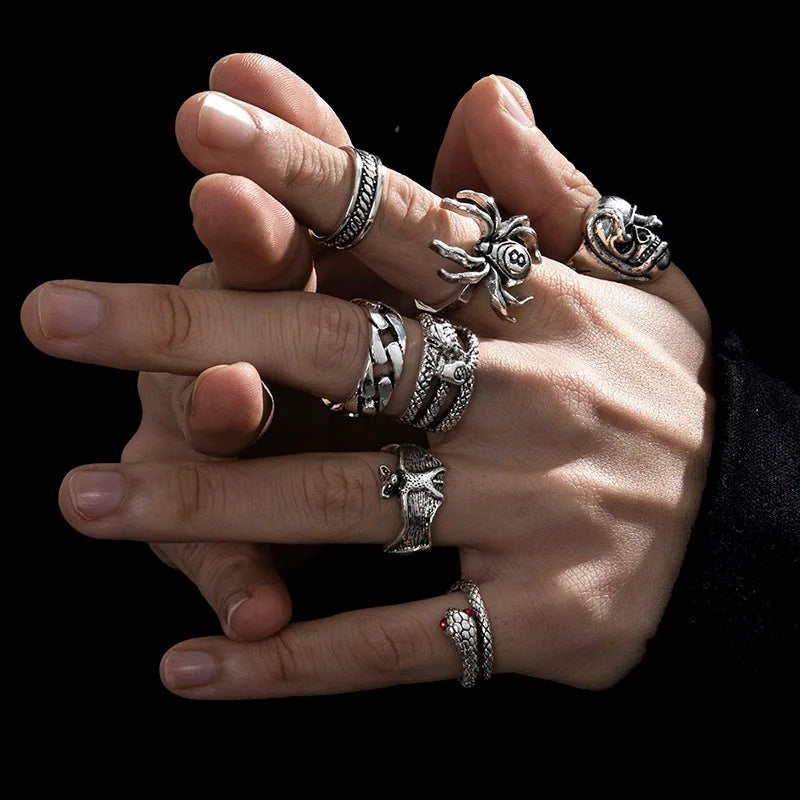 6Pcs Punk Poker Joker Silver Color Rings Set for Men Goth Skeleton Billiards Set Couple Emo Fashion Jewelry Anillos Homb - AltBrat