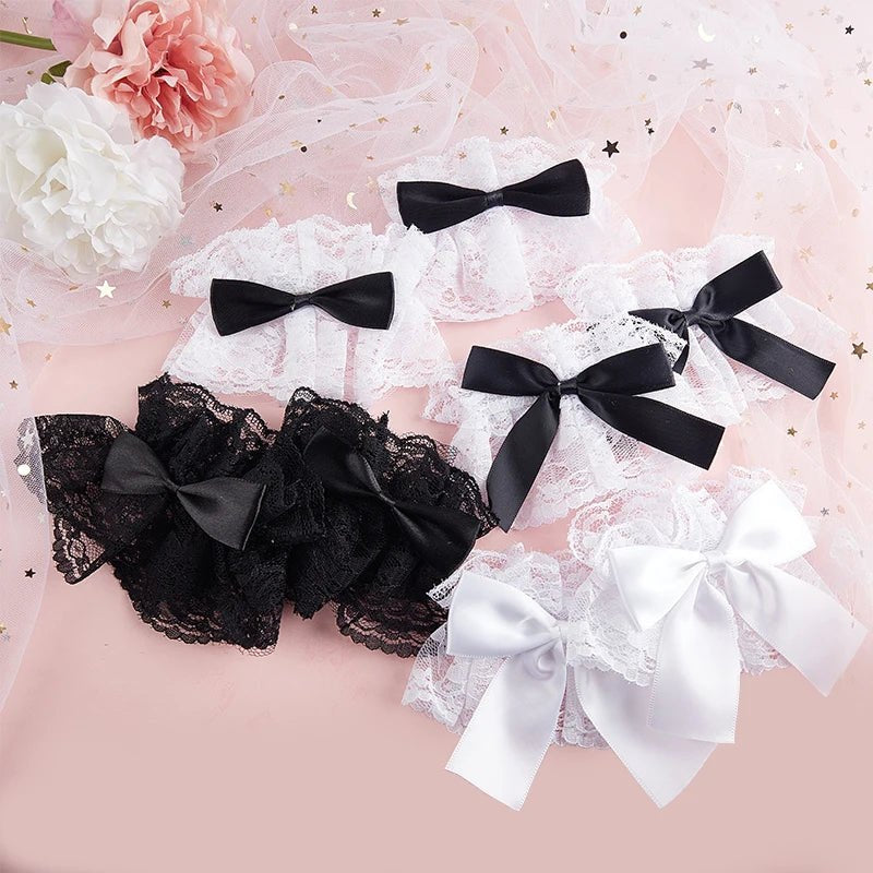 Gothic Lolita Wrist Cuffs Satin Bow Ruffles Lace Bracelet Wristband Hand Sleeves DropShip - AltBrat