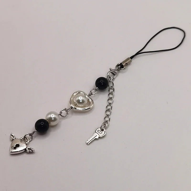 Black Punk Y2K Phone Pendant Chain Cool Girl Sweet Pink Beaded Charm With Cross Butterfly Love Accessories For iPhone Ca - AltBrat