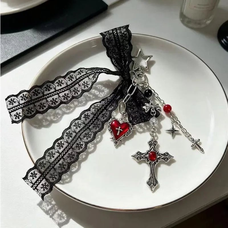 Gothic Black Lace Bow Cross Heart Tassels Star Key Chains Charms Y2K Red Crystal Pendant Keyring for Bags & Keys Accesso - AltBrat