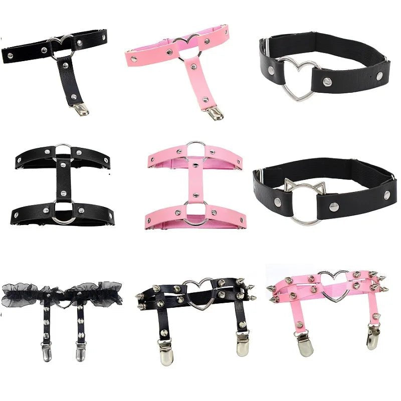 Women Elastic Pu Leather Leg Ring Garter Leglet Lingerie Belt Punk Heart Rivet Spike Thigh Goth Harajuku Harness Stockin - AltBrat