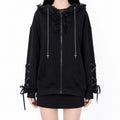 Cat Ear Cross Zip-Up Hoodie with Lace-Up Sleeves - AltBrat