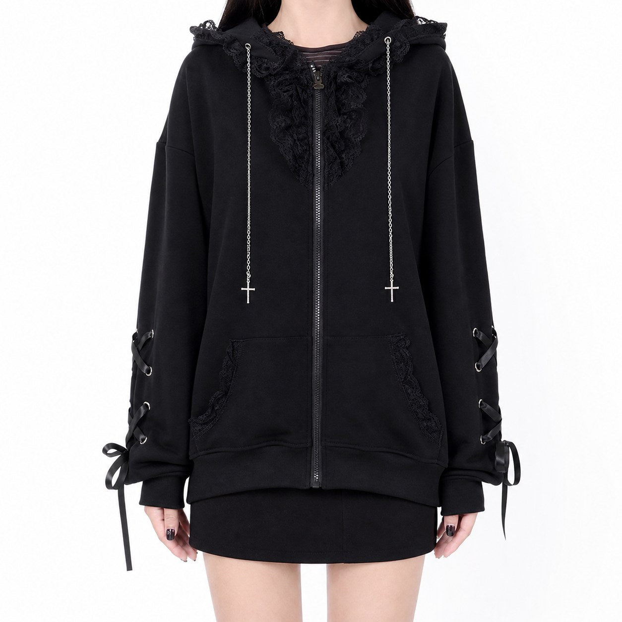Cat Ear Cross Zip-Up Hoodie with Lace-Up Sleeves - AltBrat