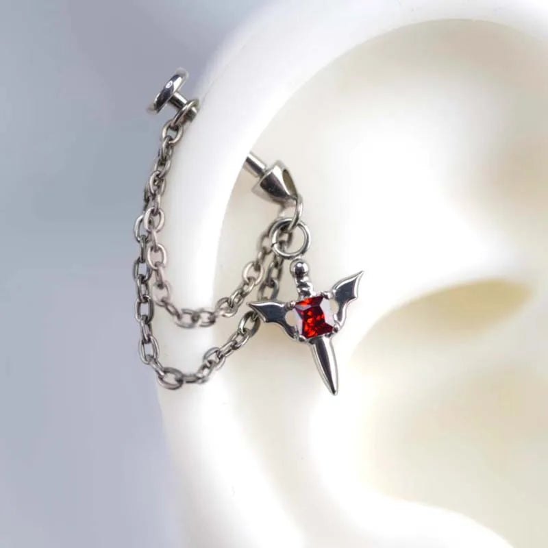 Stainless Steel Red Zircon Wing Chain Piercing Earring for Women Men Gothic Silver Color Rivet Ear Bone Nail Earring Y2K - AltBrat