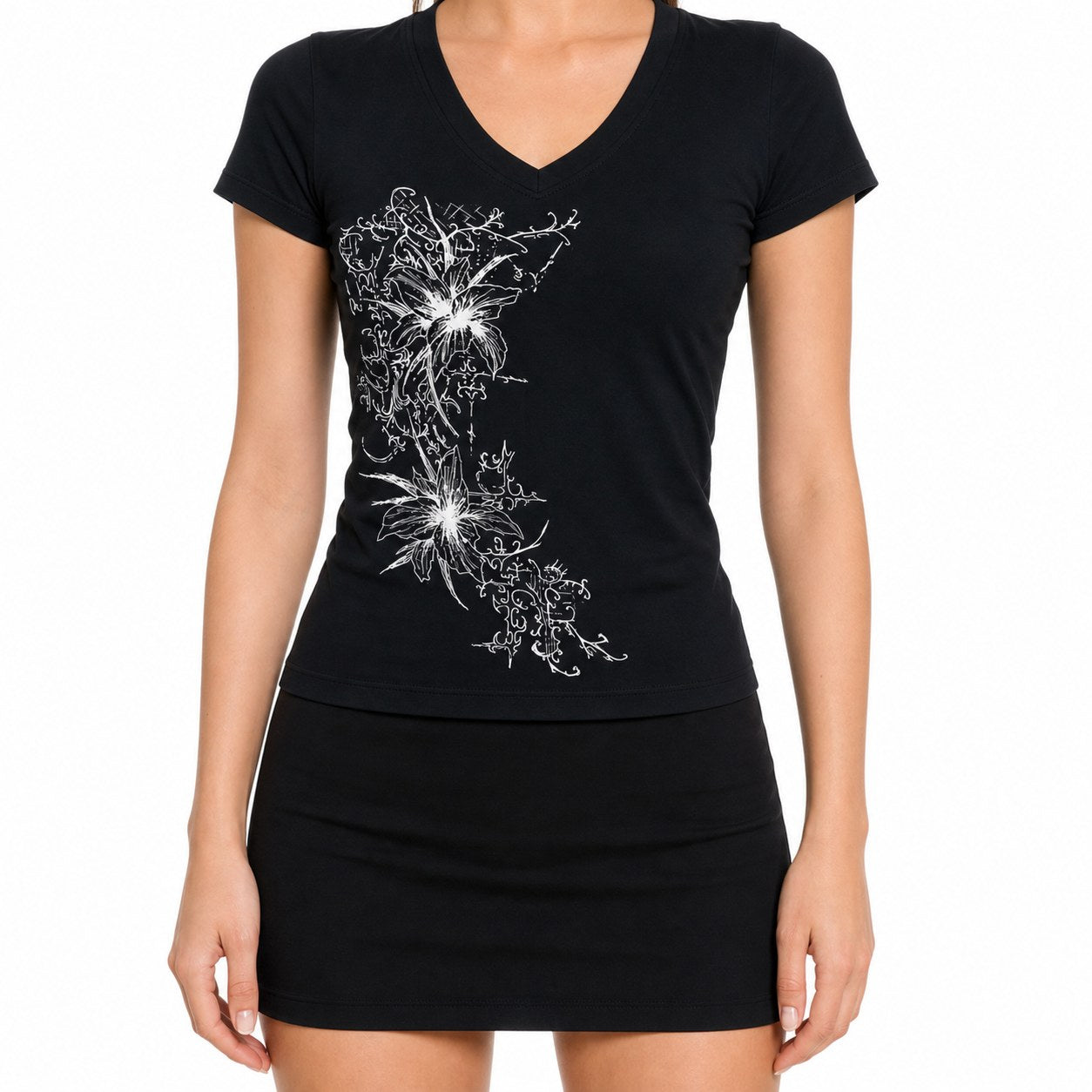 White Floral Fairy Grunge Print V-Neck Tee - AltBrat
