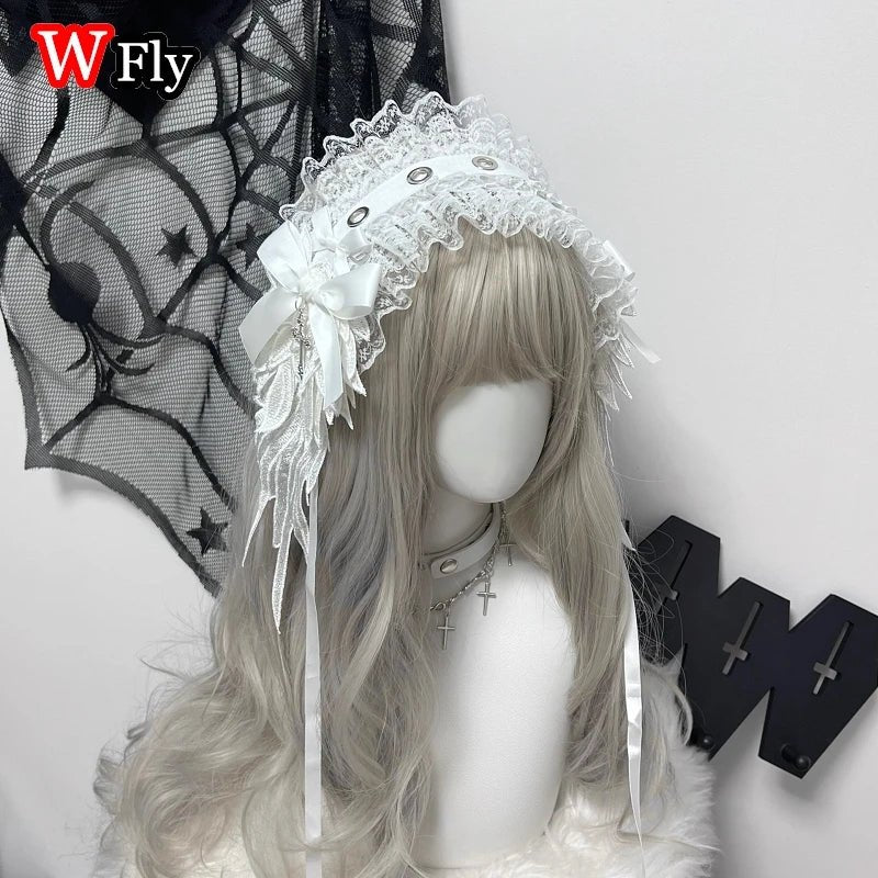 Women's Harajuku Steampunk Y2K Wing Headwear Bow Headband Lolita Gothic Dark Angel Headwear and Hair Accessories - AltBrat