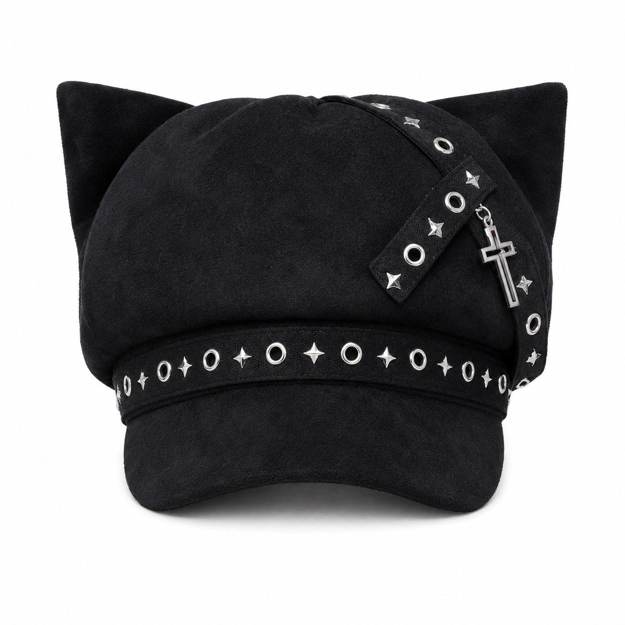 Suede Cat Ear Beret with Star & Cross - AltBrat