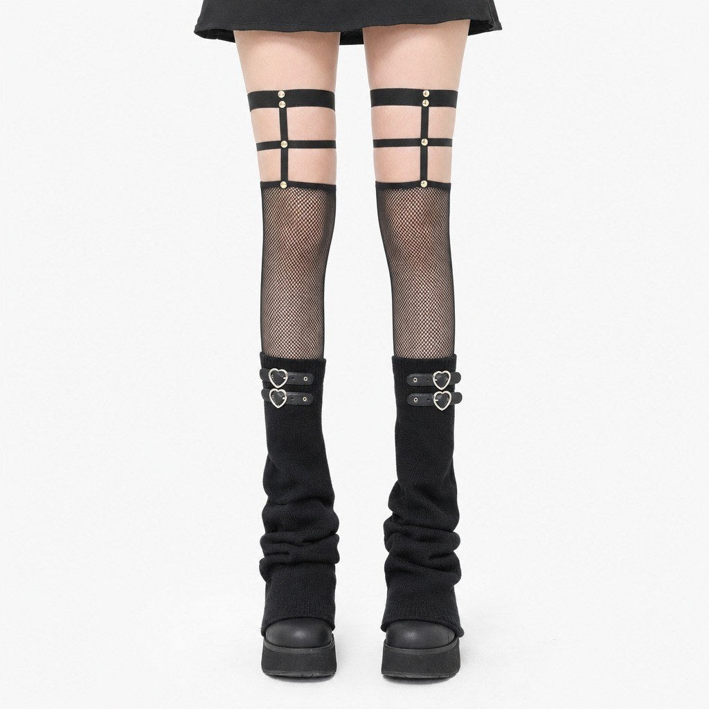 Fishnet Flare Leg Warmers with Heart Buckles - AltBrat