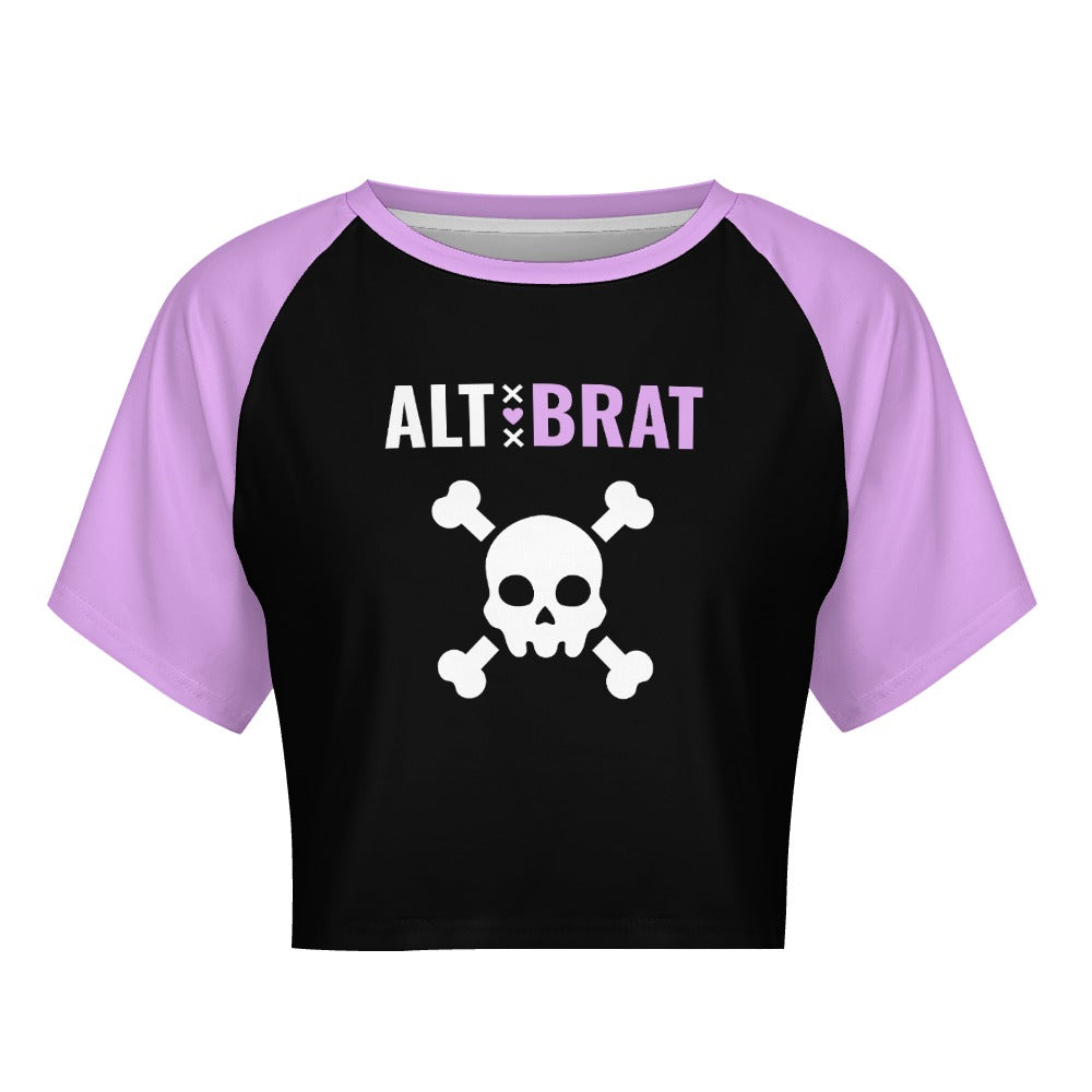AltBrat skull print raglan crop tee, black and lilac