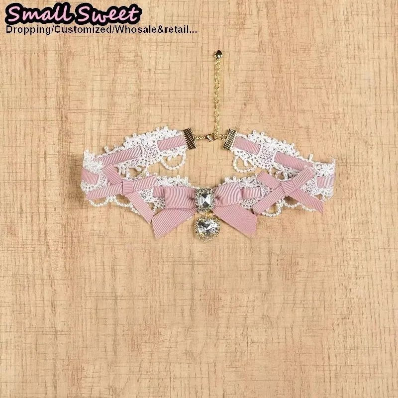 Handmade Choker Necklaces Double Pearl bow love jewelry gemstone sweet Cute Kawaii Collar Lolita Collarbone Chain Ceckla - AltBrat