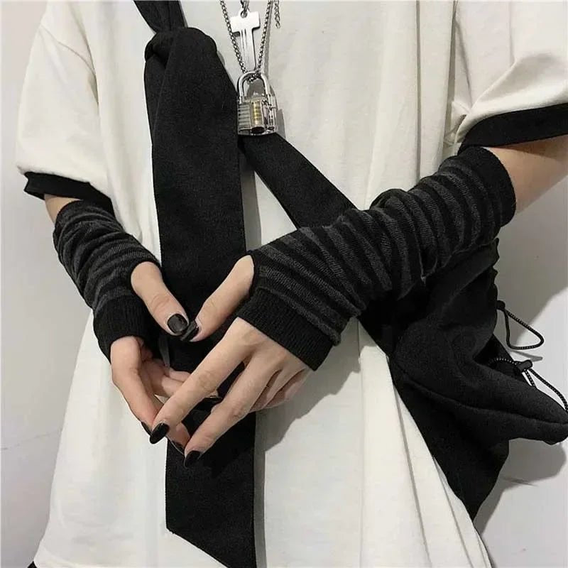 Striped Long Fingerless Arm Warmers (Multi-Colour) - AltBrat