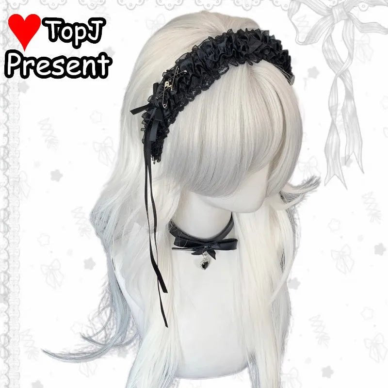 Harajuku Y2K Spicy Girl Lace Bow Headband Lolita Hair Accessory Niche Japanese Dark Gothic JK Subculture Headwear Hairho - AltBrat