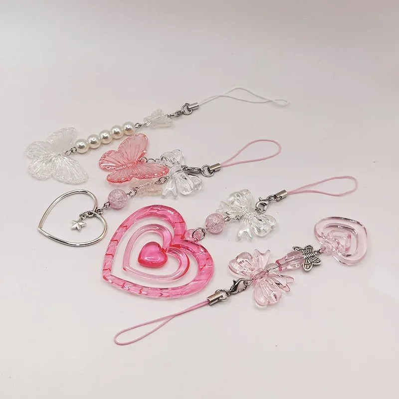 Black Punk Y2K Phone Pendant Chain Cool Girl Sweet Pink Beaded Charm With Cross Butterfly Love Accessories For iPhone Ca - AltBrat