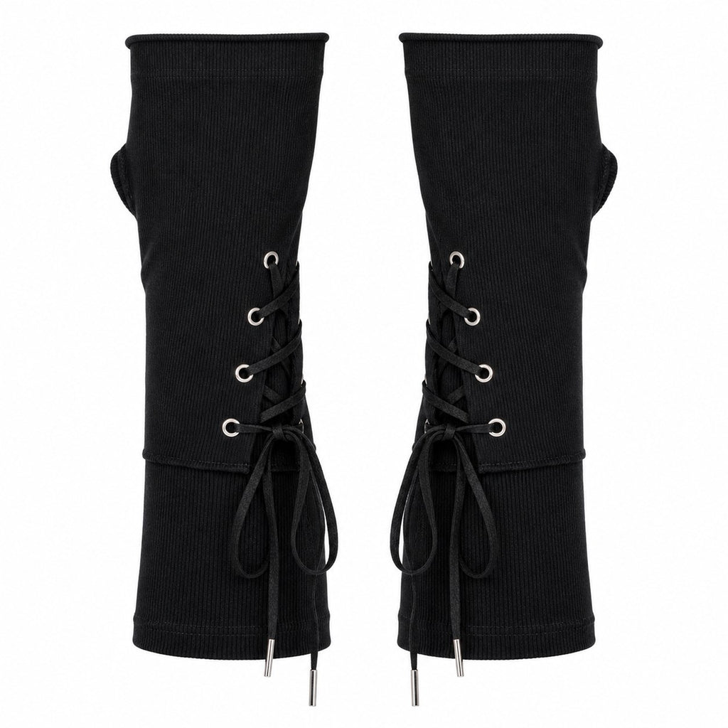 Eyelet Strap Long Fingerless Arm Gloves - AltBrat