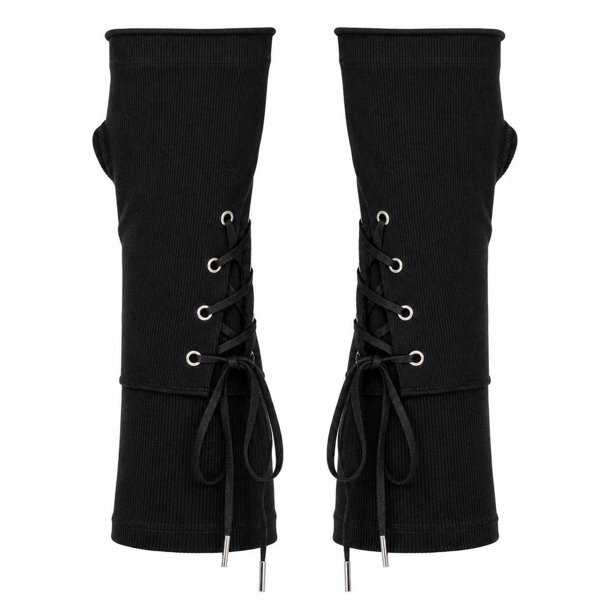 Eyelet Strap Long Fingerless Arm Gloves - AltBrat