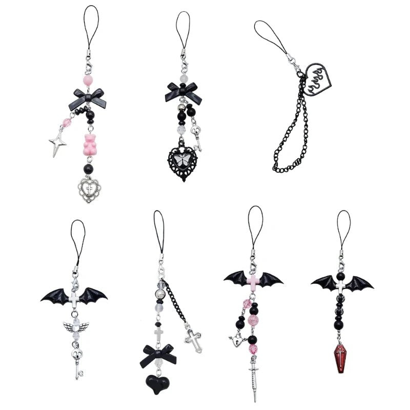 Goth Y2K Phone Charm Pendant Kawaii-Key Chain For Bag Accessory Women Guitar Strap Lanyard Beaded Keychain Pendant - AltBrat