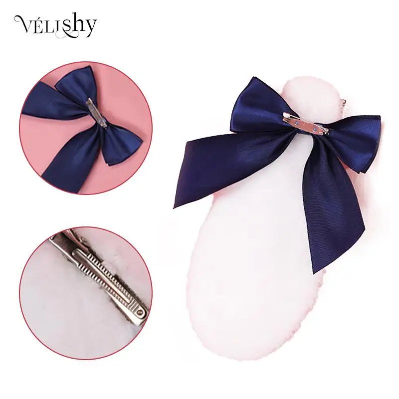 Kawaii Women Girls Hair Clip Cute Rabbit Bunny Plush Lop Ears Hairpin Candy Color Ribbon Bowknot Lolita Cosplay Hair Acc - AltBrat