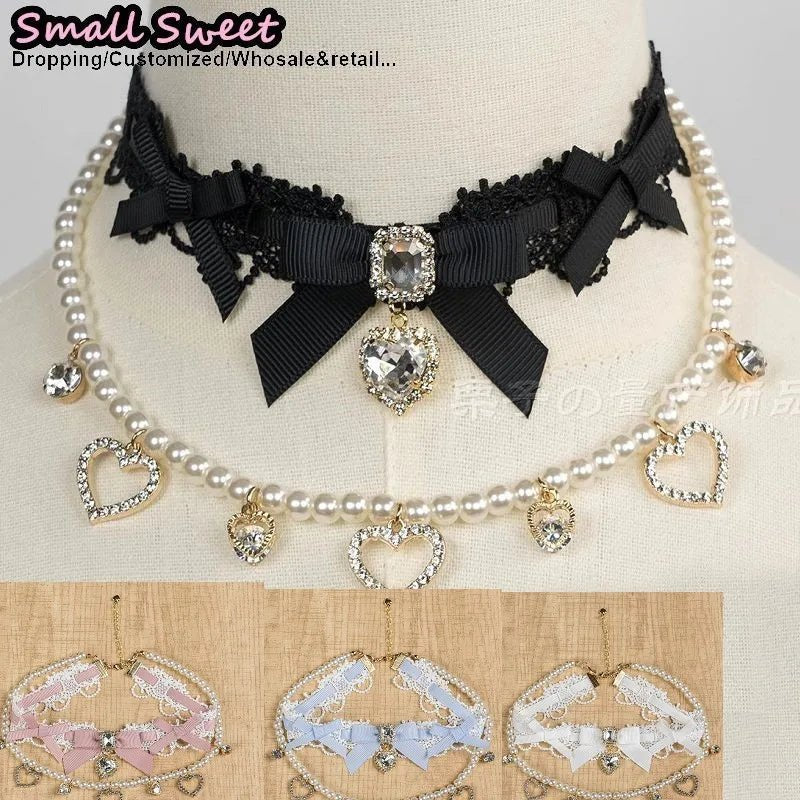 Handmade Choker Necklaces Double Pearl bow love jewelry gemstone sweet Cute Kawaii Collar Lolita Collarbone Chain Ceckla - AltBrat