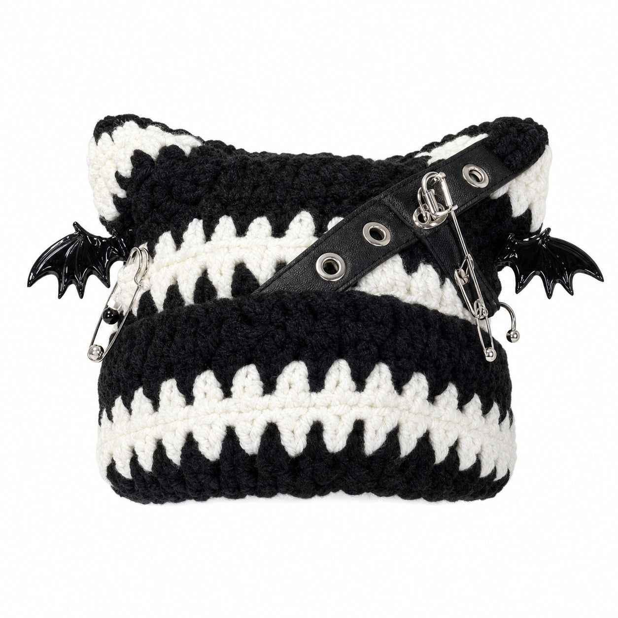 Crochet Cat Ear Beanie with Bat Wing Charms - AltBrat